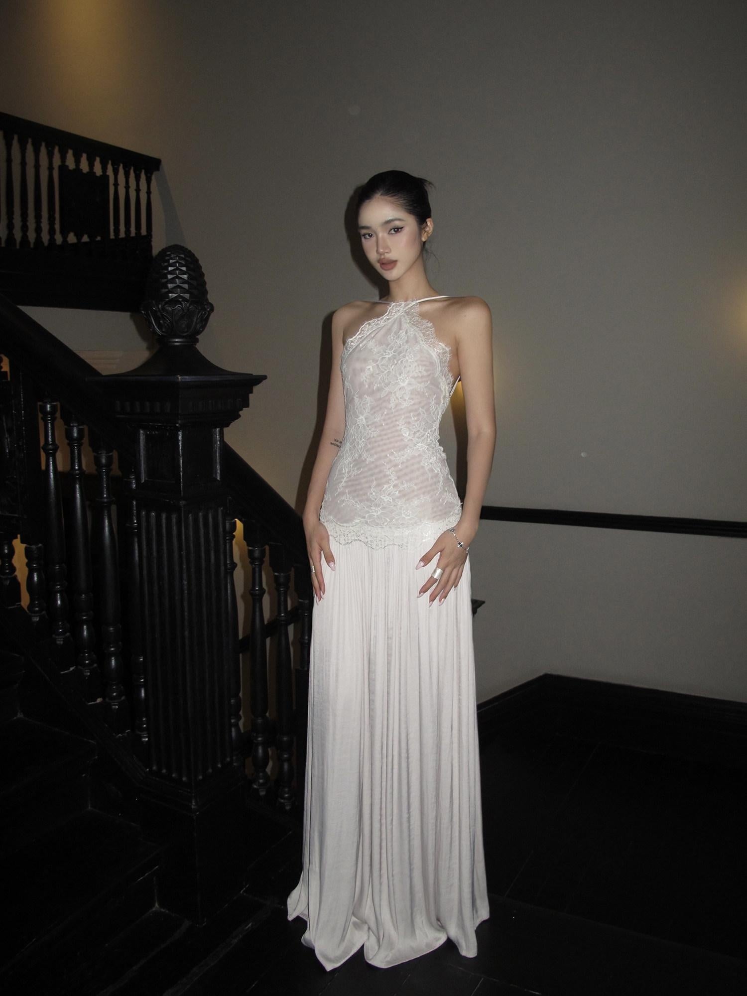 rovente test Elegant Lace High Waist Nylon A Line Date Night Beige Maxi Dresses
