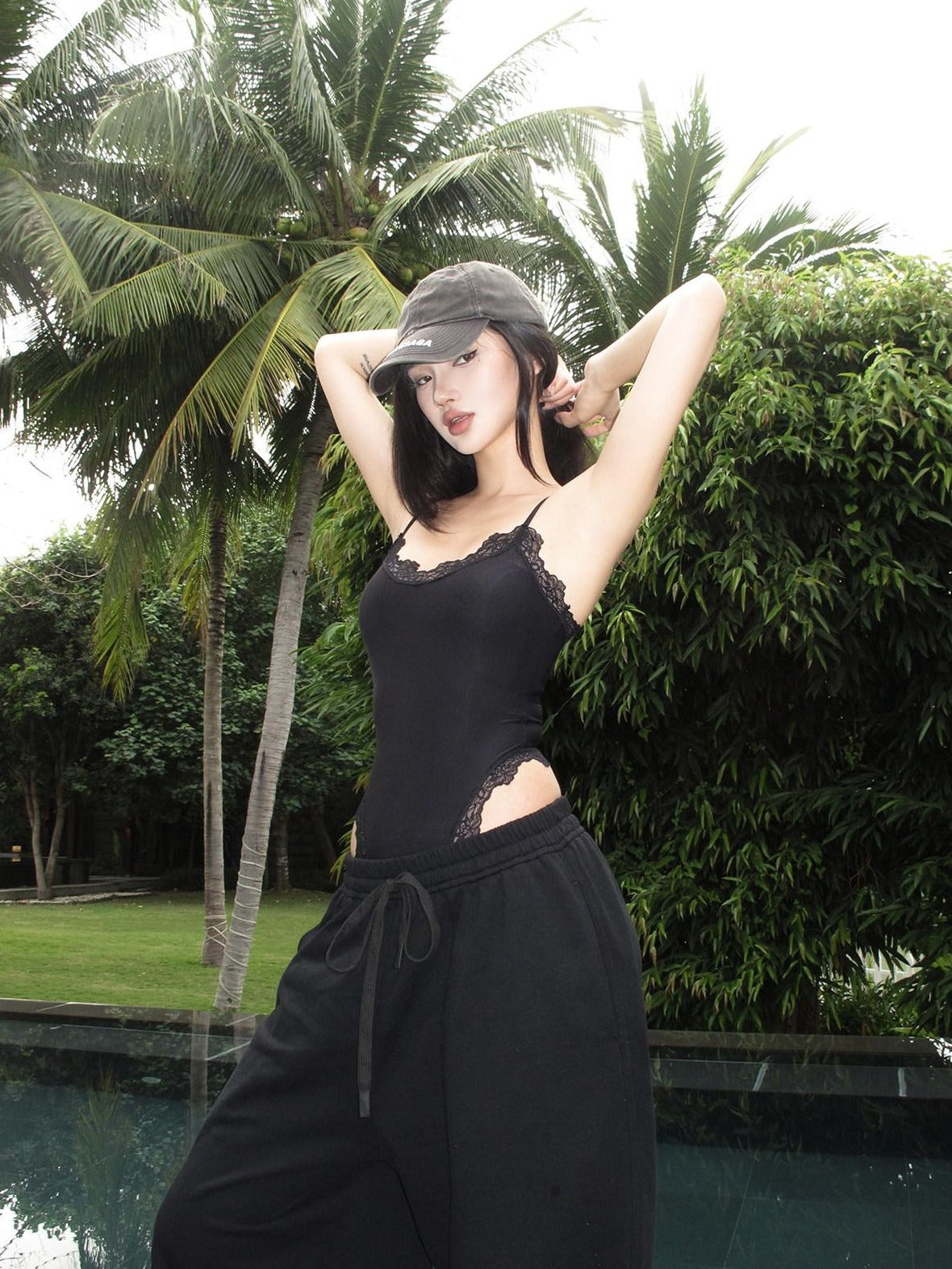 rovente Original Design Lace Trim Slim Fit Nylon Blend Black Everyday Camisoles