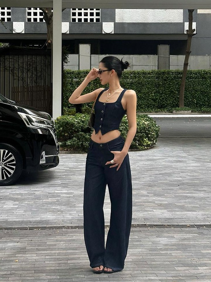 rovente Low Rise Multi Pocket Casual Loose Women Denim Blue Wide Leg Jeans