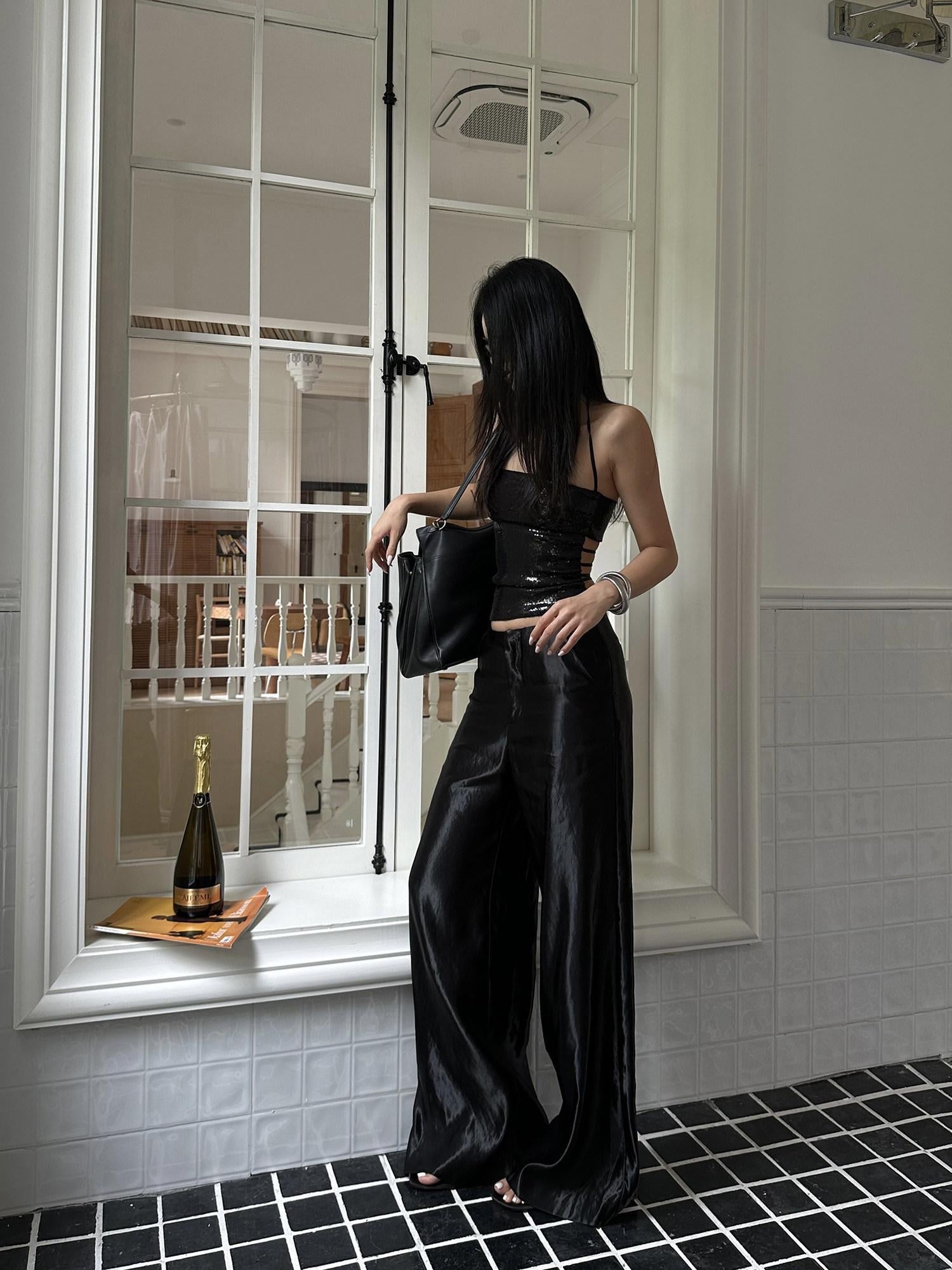 rovente Satin Viscose Minimal Commuter Pockets Natural Waist Women Black Wide Leg Pants