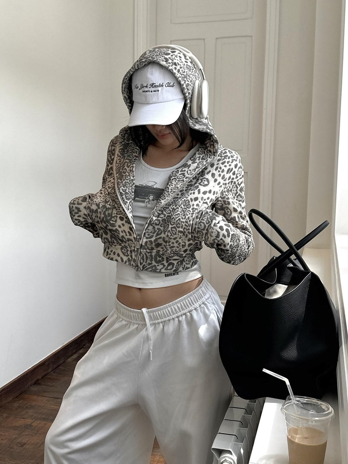 rovente Leopard Print Oversized Cropped Hooded Zip Women 100 Percent Cotton Hoodie