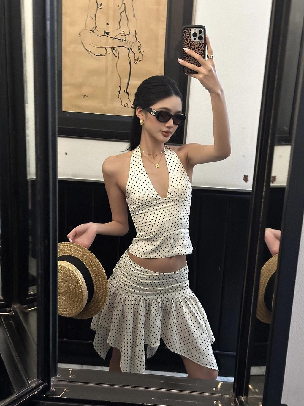 rovente Sexy Polka Dot V-neck Zipper White Cami Skirt Two Piece Top & Skit Sets