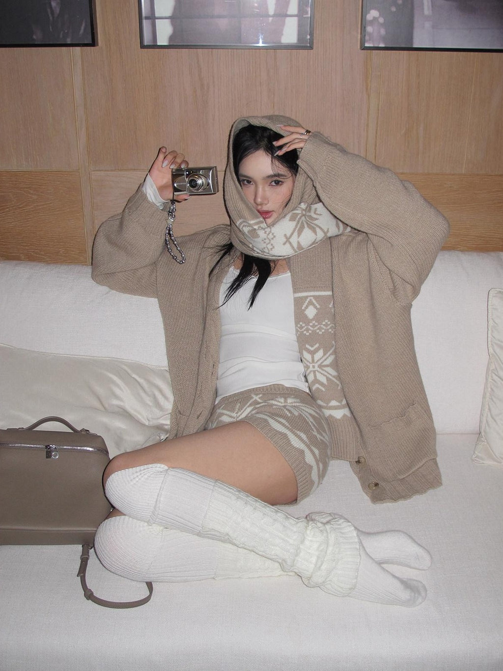 rovente Warm Button Cardigan Loose Commuter Knit Apricot Sweater Shorts Top & Shots Sets