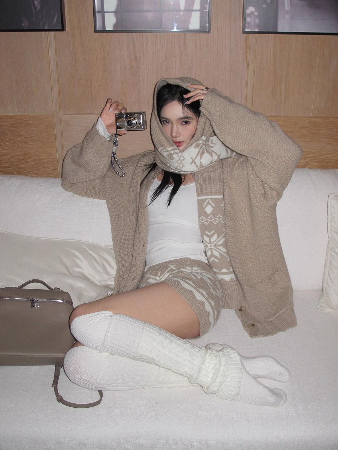 rovente Warm Button Cardigan Loose Commuter Knit Apricot Sweater Shorts Top & Shots Sets