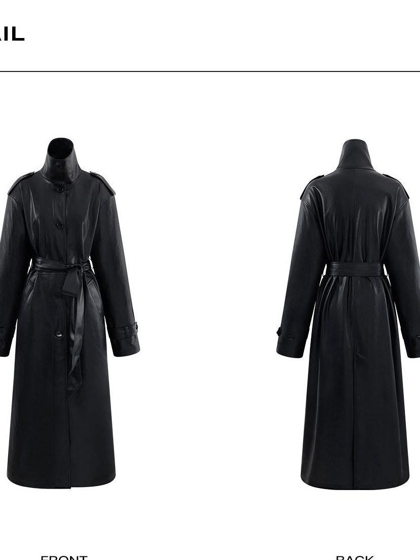 rovente Warm Pu Leather Long Straight Casual Stand Collar Youth Black Leathe Jackets