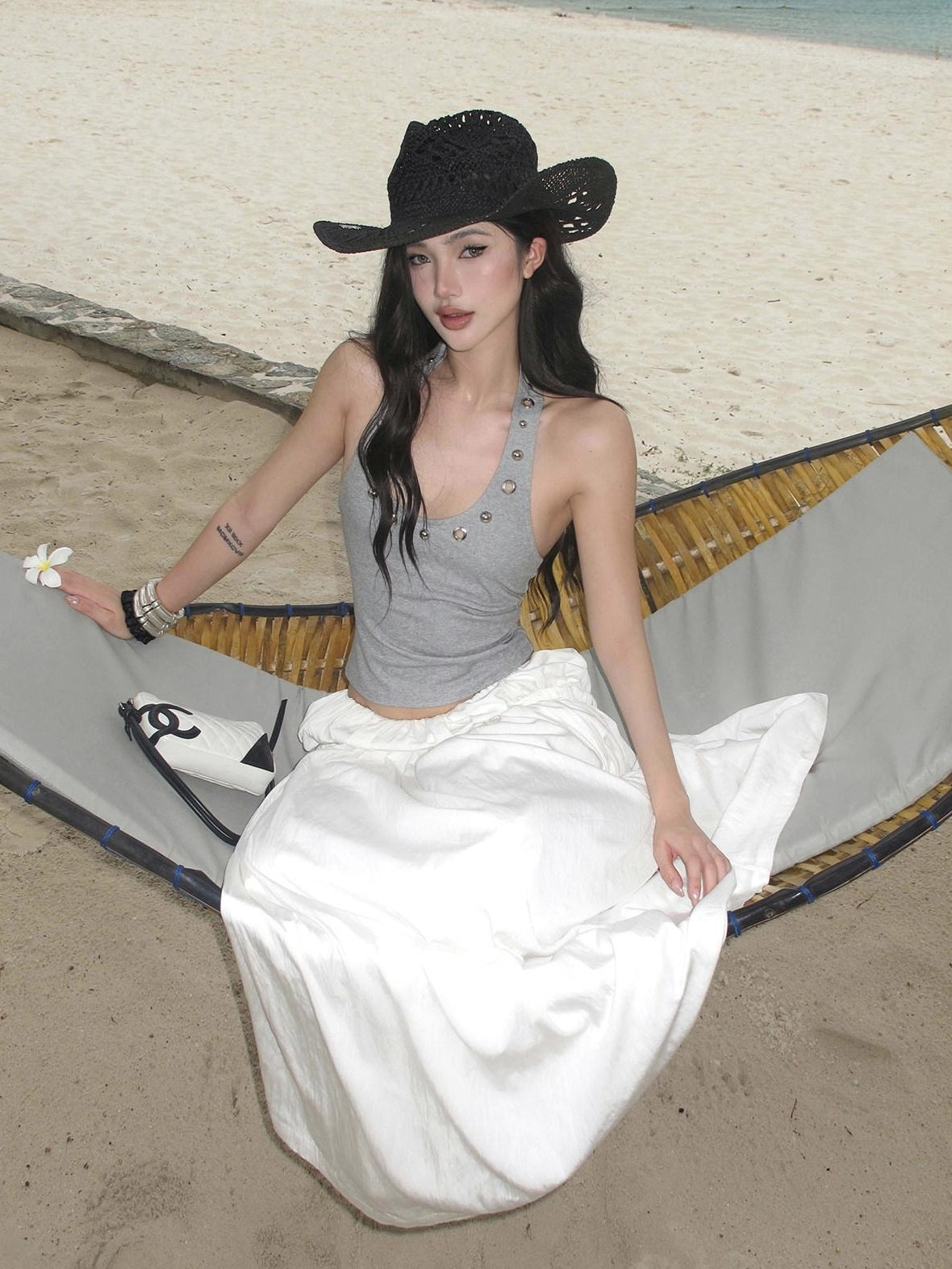 rovente Low Waist Cotton Nylon Versatile Loose H Line Mid Length White Maxi Skits