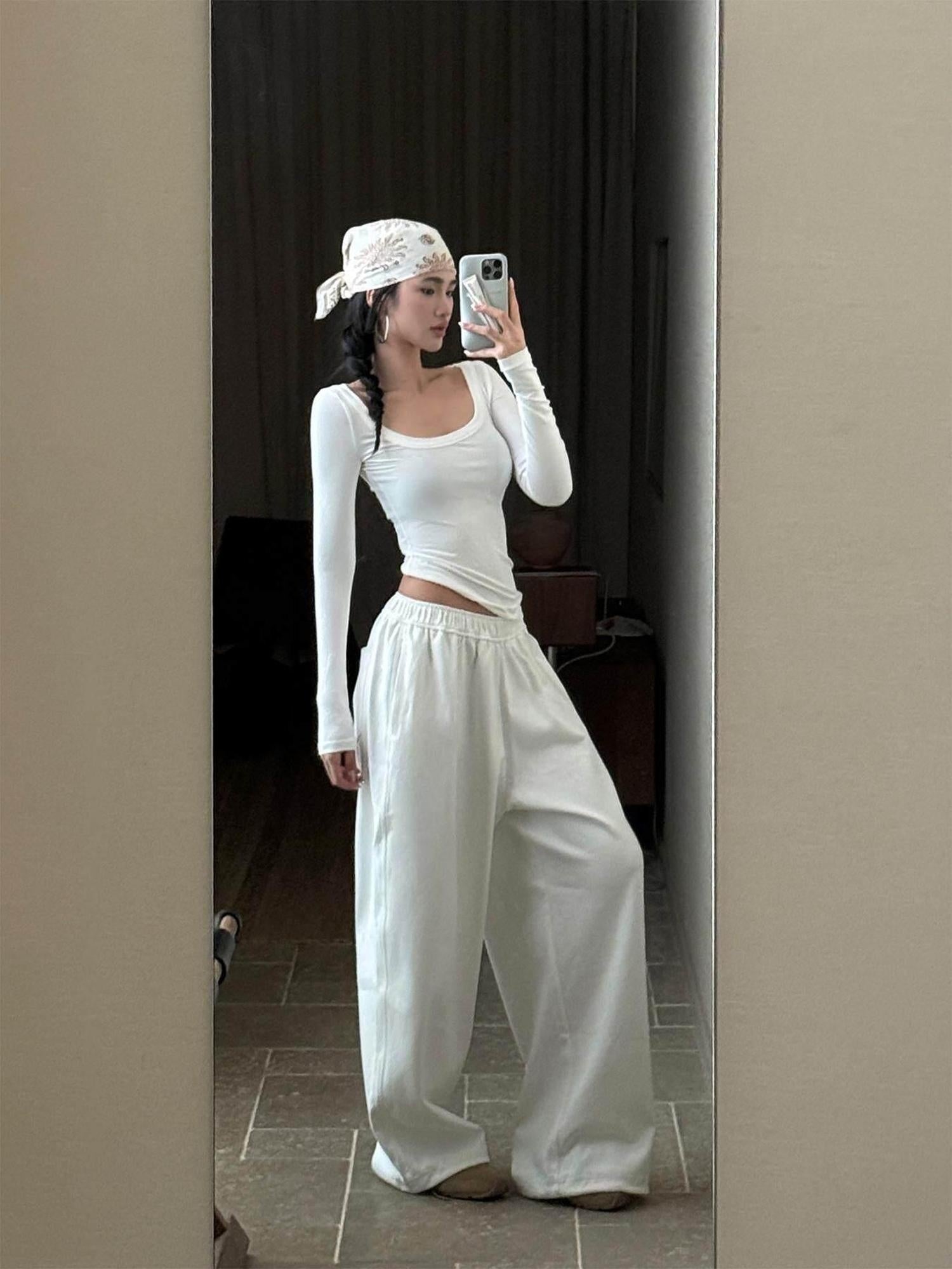 rovente Versatile Low Rise Elastic Waist Cotton White Loose Women Wide Leg Pants