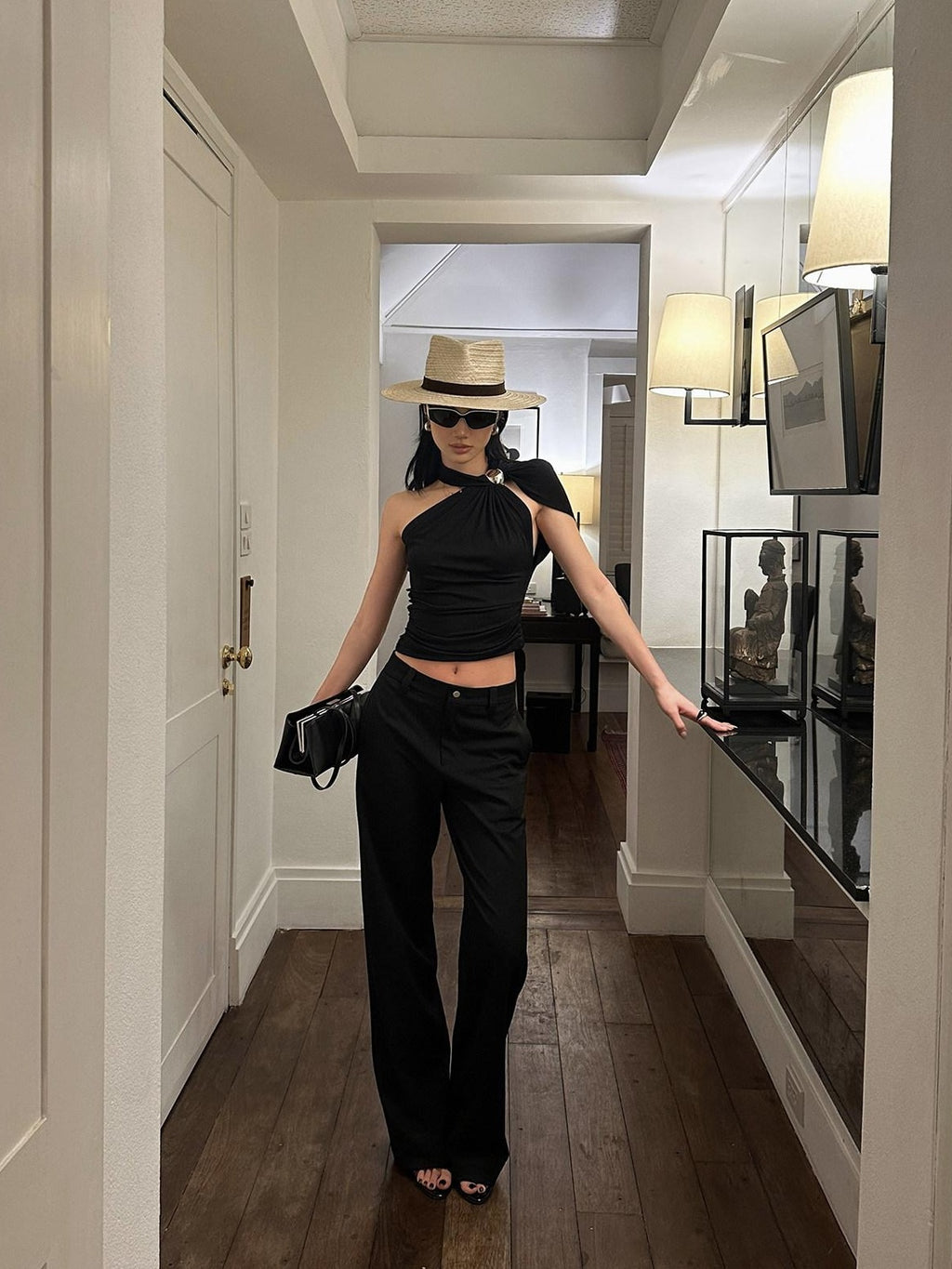 rovente Low Waist Zip Pockets Minimalist Casual Women Straight Black Staight Pants