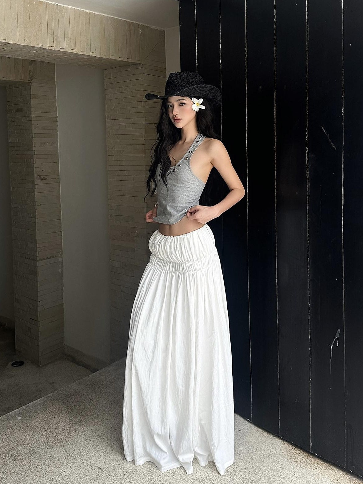 rovente Low Waist Cotton Nylon Versatile Loose H Line Mid Length White Maxi Skits