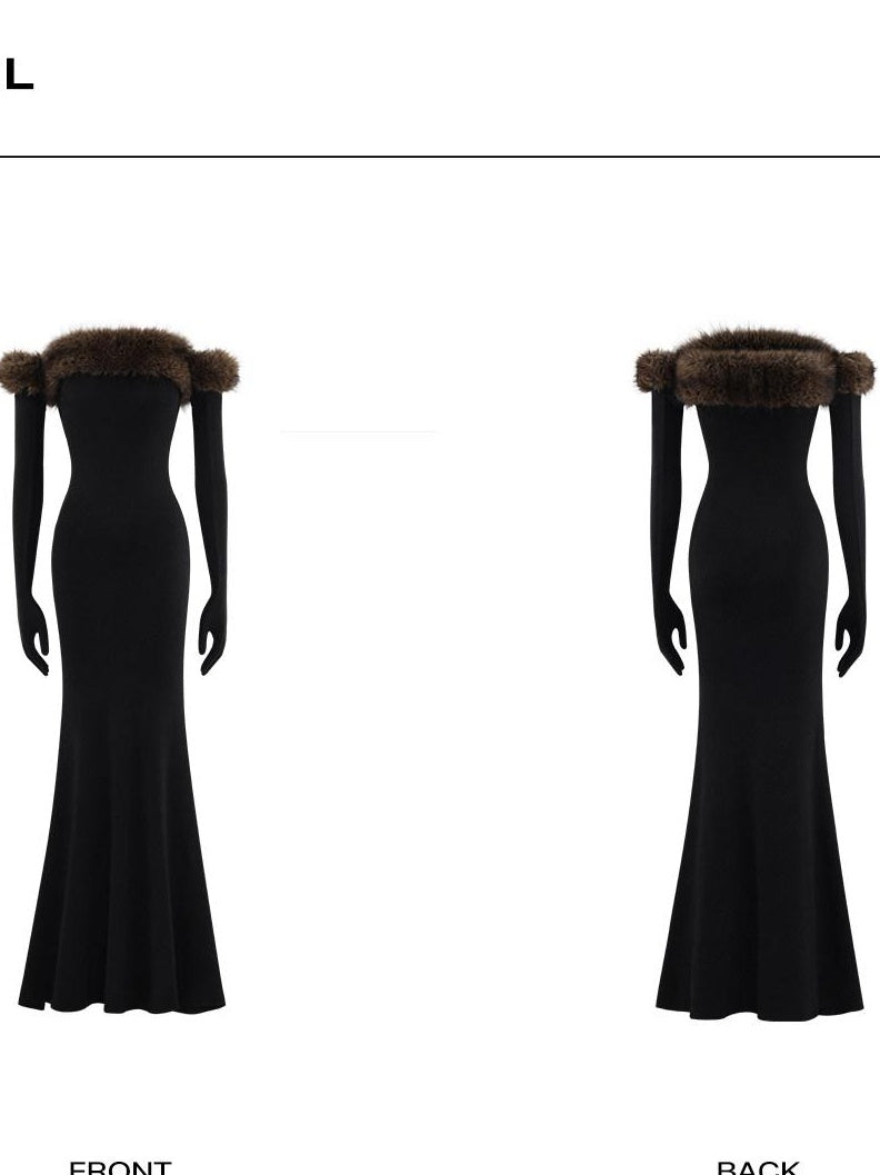 rovente High Stretch Elegant Slim Fit Strapless Knit Black Gloves Included Maxi Desses