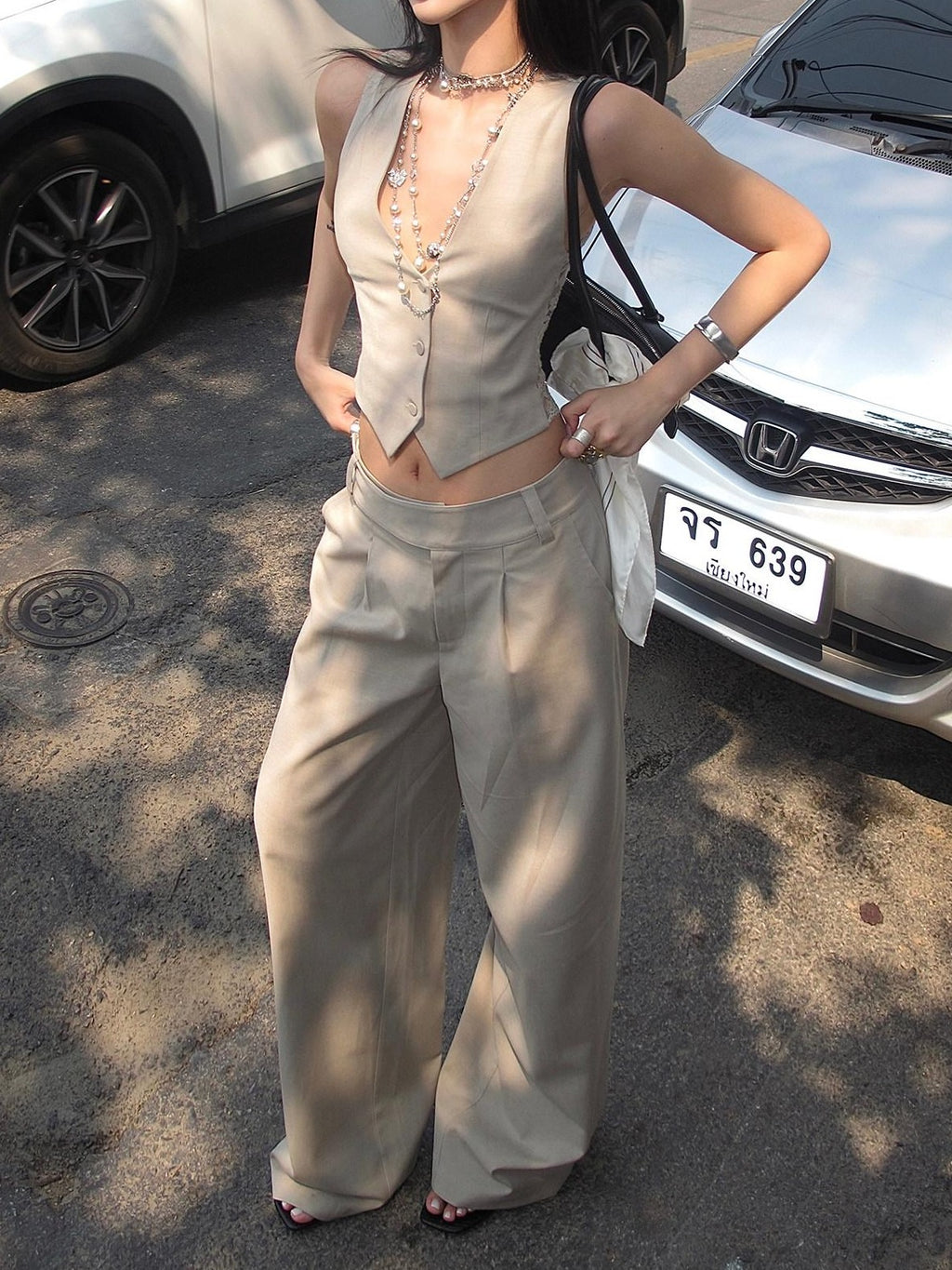 rovente Soft Lambswool Blend Natural Waist Relaxed Fit Women Light Khaki Wide Leg Pants