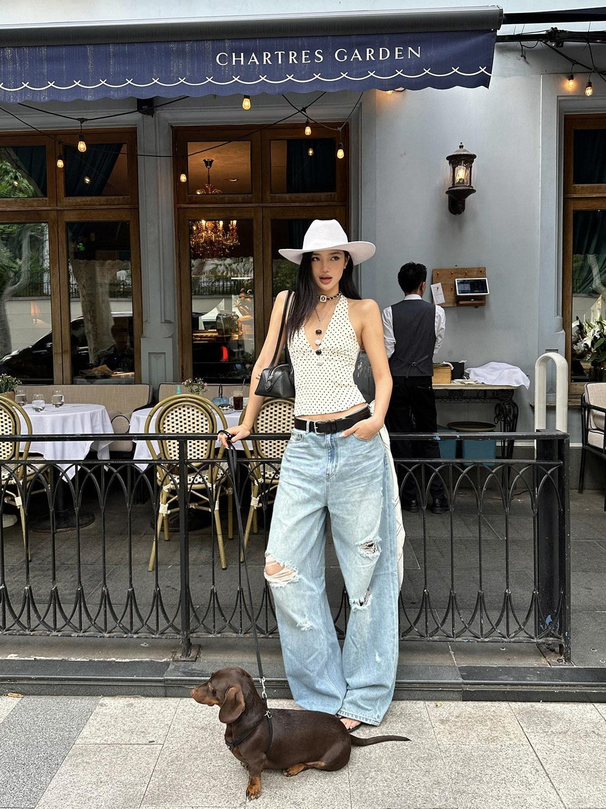 rovente Low Rise Distressed Loose Fit Casual Cotton Blue Women Wide Leg Jeans