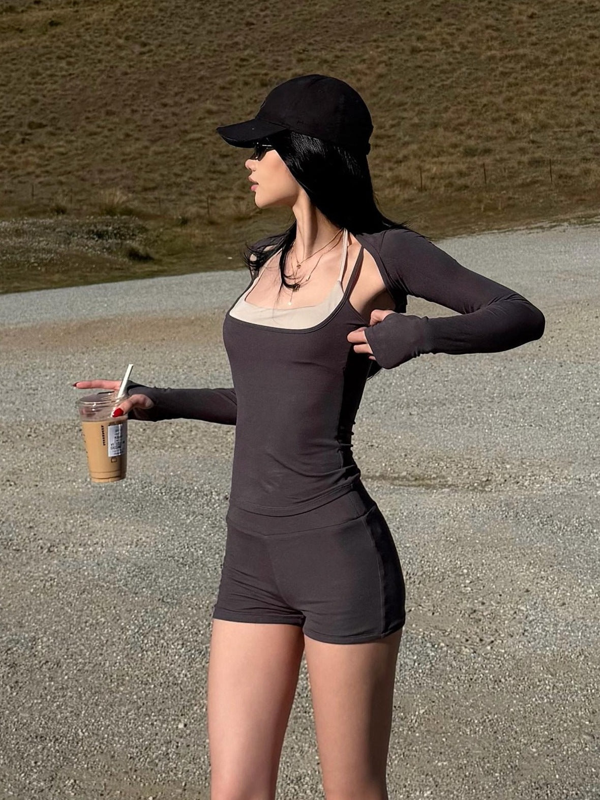 rovente High Stretch Slim Fit Casual Low Waist Women Carbon Gray Cami Top & Shots Sets