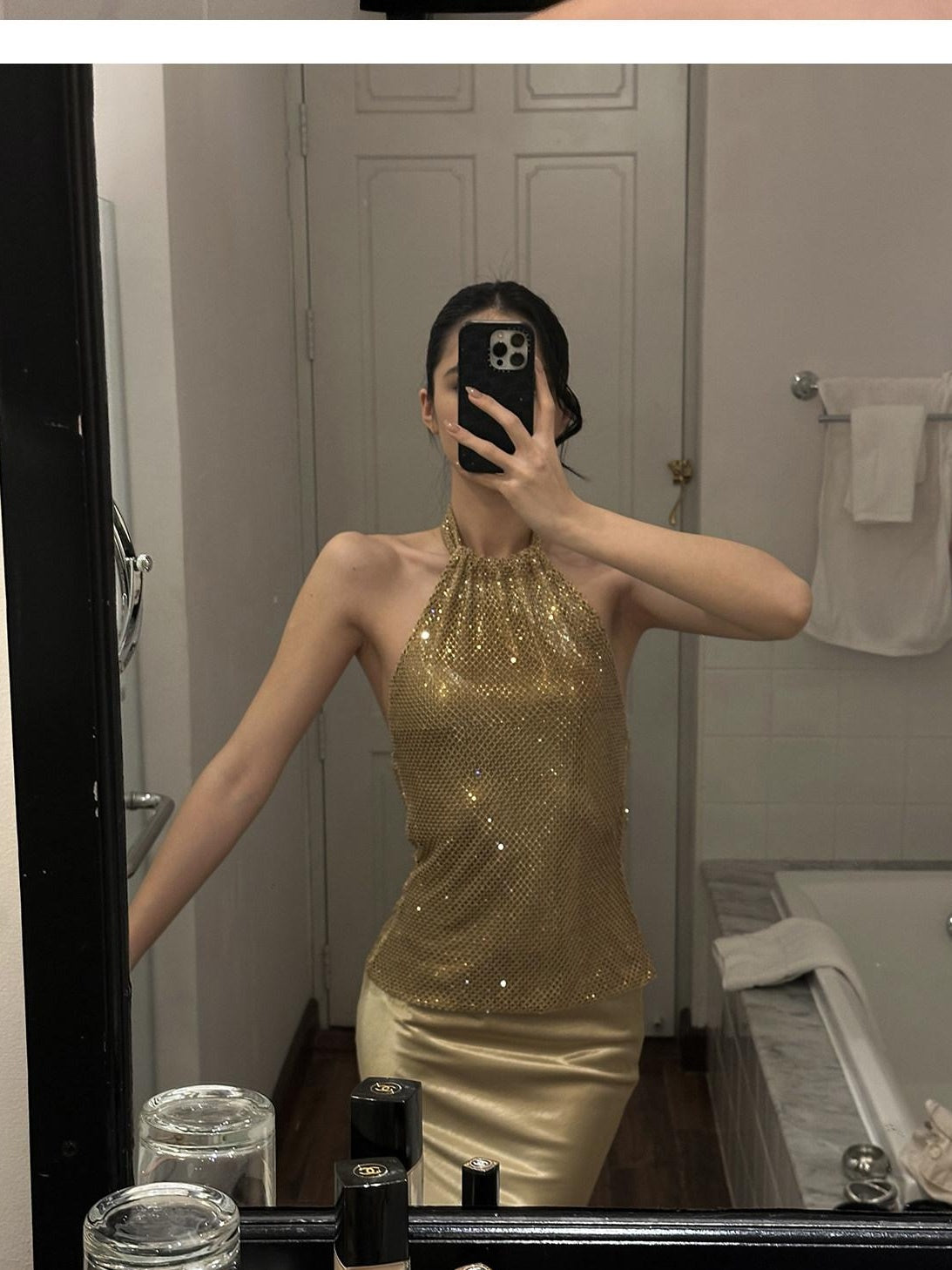rovente test Gold 3D Embellished Slim Elegant Womens Party Travel Polyester Halter Crop Tops