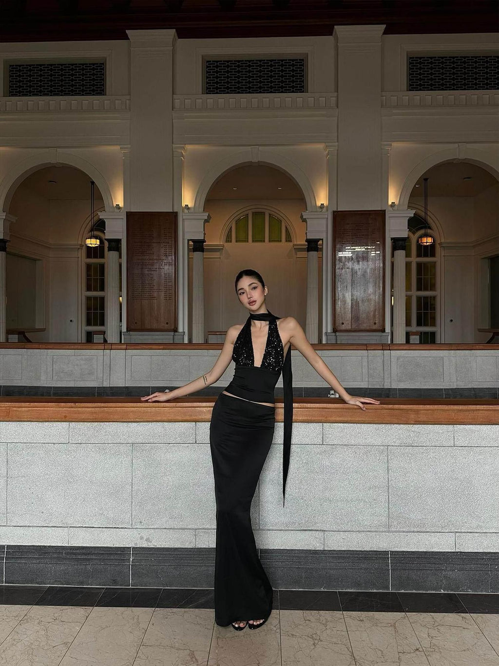 rovente Low Waist Acetate Blend Stretch Straight Long Solid Black Office Maxi Skits
