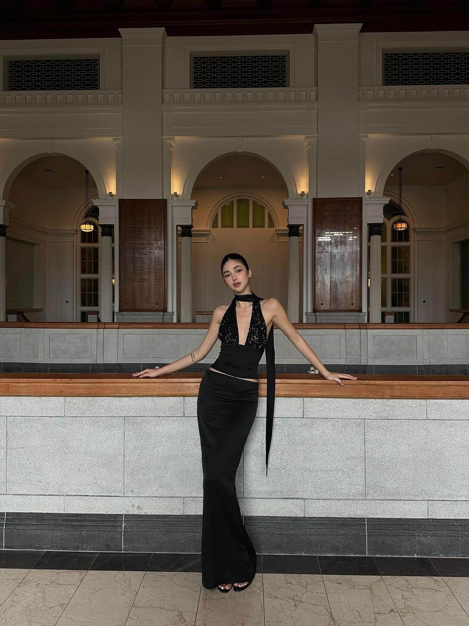 rovente Low Waist Acetate Blend Stretch Straight Long Solid Black Office Maxi Skits
