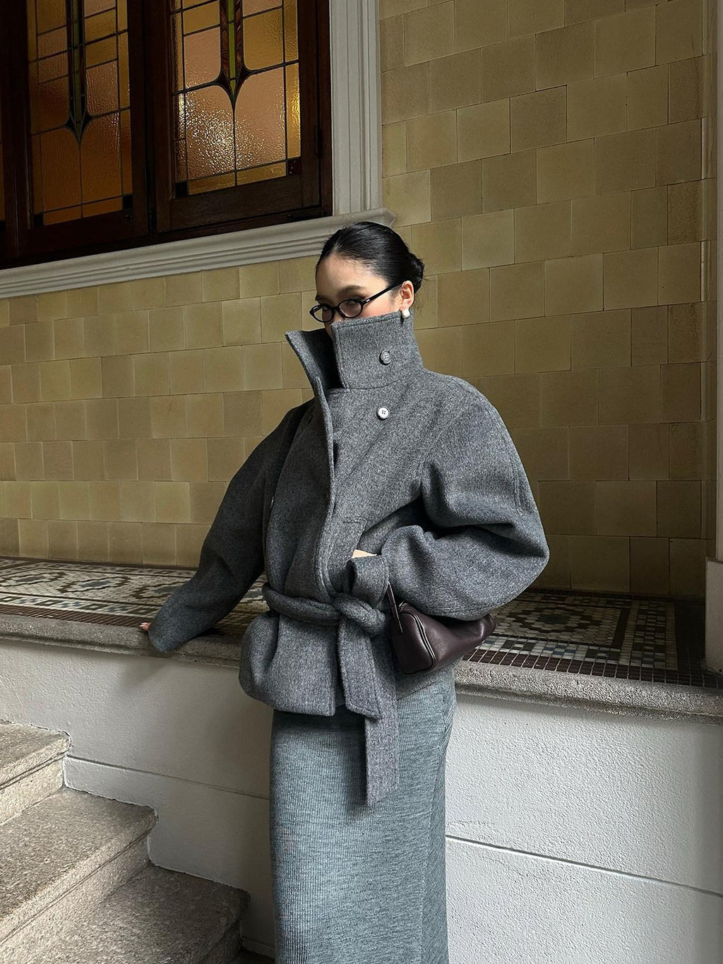 rovente Warm Thick Stand Collar Loose Korean Pocket Women Dark Gray Wool Coats