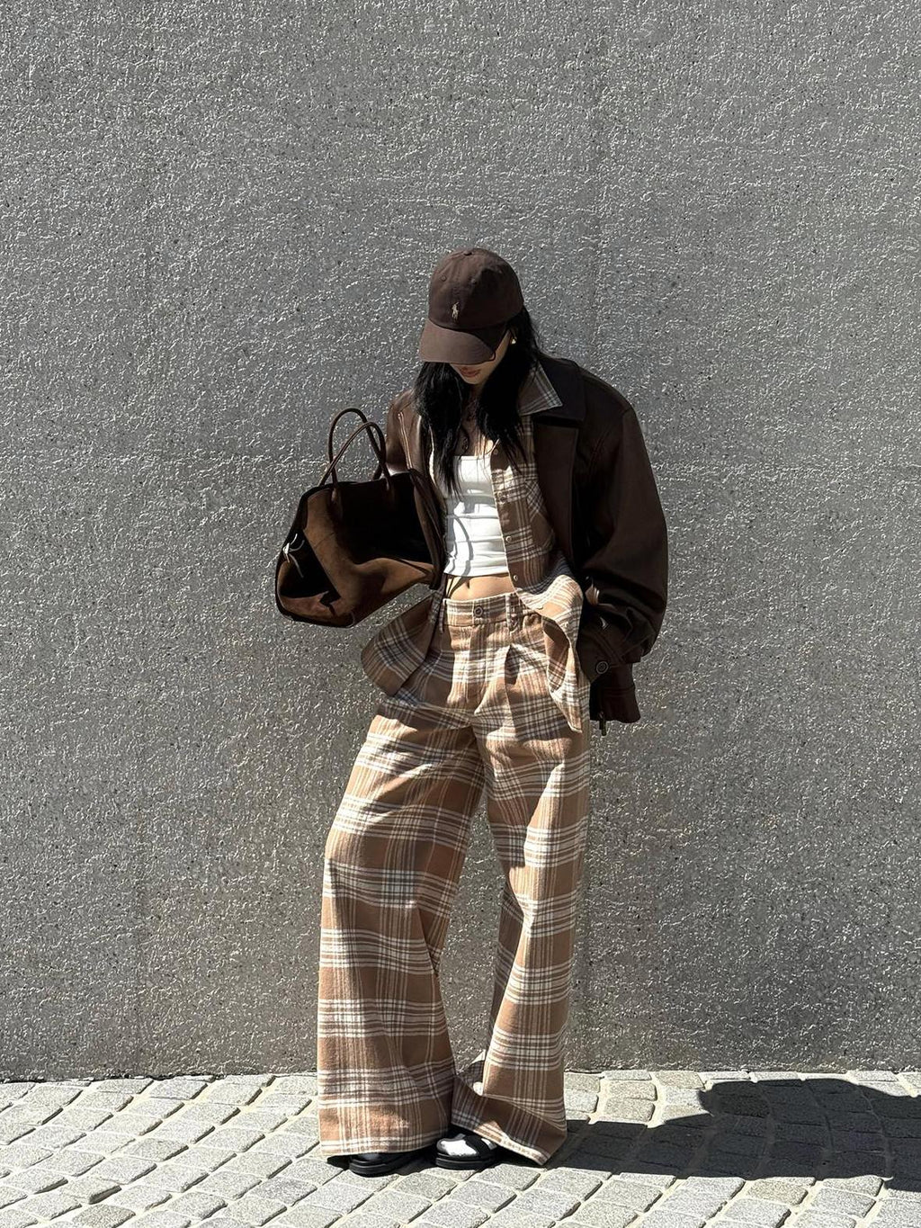 rovente 100% Cotton Plaid Casual Relaxed Zipper Natural Waist Women Wide Leg Pants