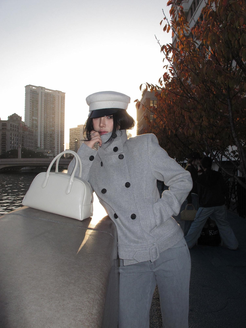 rovente Wool Blend Warm Minimal Loose Commuter Double Breasted Stand Collar Shot Coat