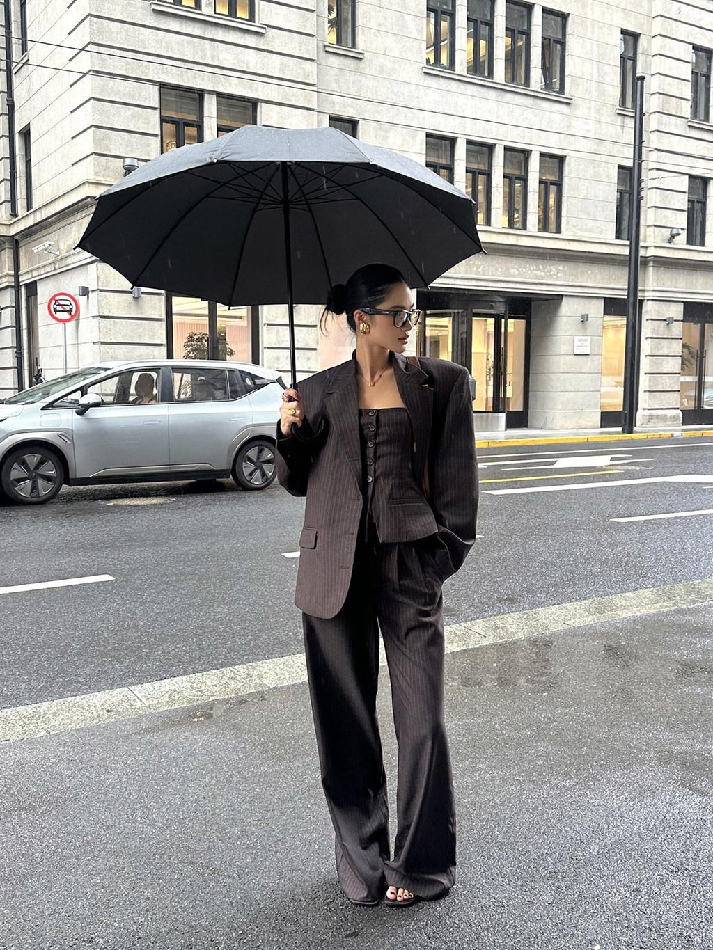 rovente Warm Striped Loose Fit Commuter Work Women Long Sleeve Brown Top & Pants Sets