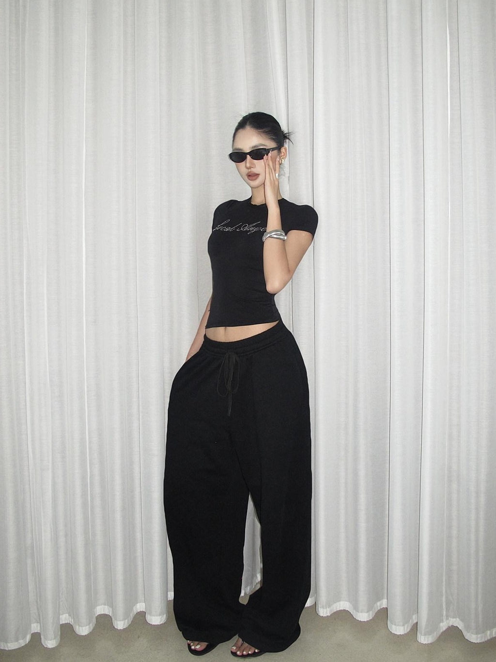 rovente Soft Cotton High Waist Loose Straight Office Black Staight Pants