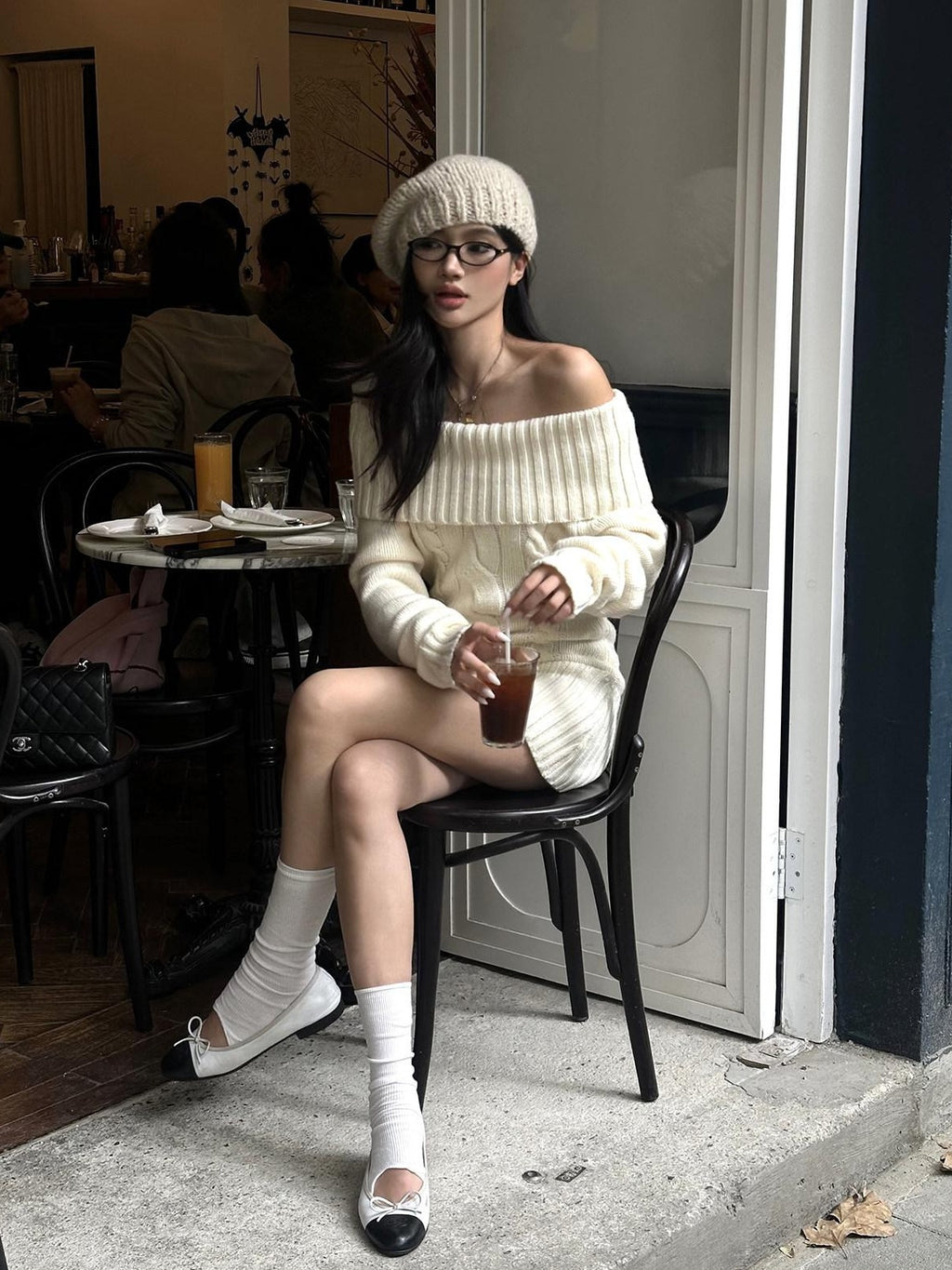 rovente Cozy Knit Off Shoulder Longsleeve Loose Fit Workwear Pullover Almond Mini Desses