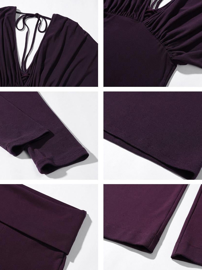 rovente Lyocell Wool Knit Slim V-neck Casual Women Purple Black Top & Pants Sets