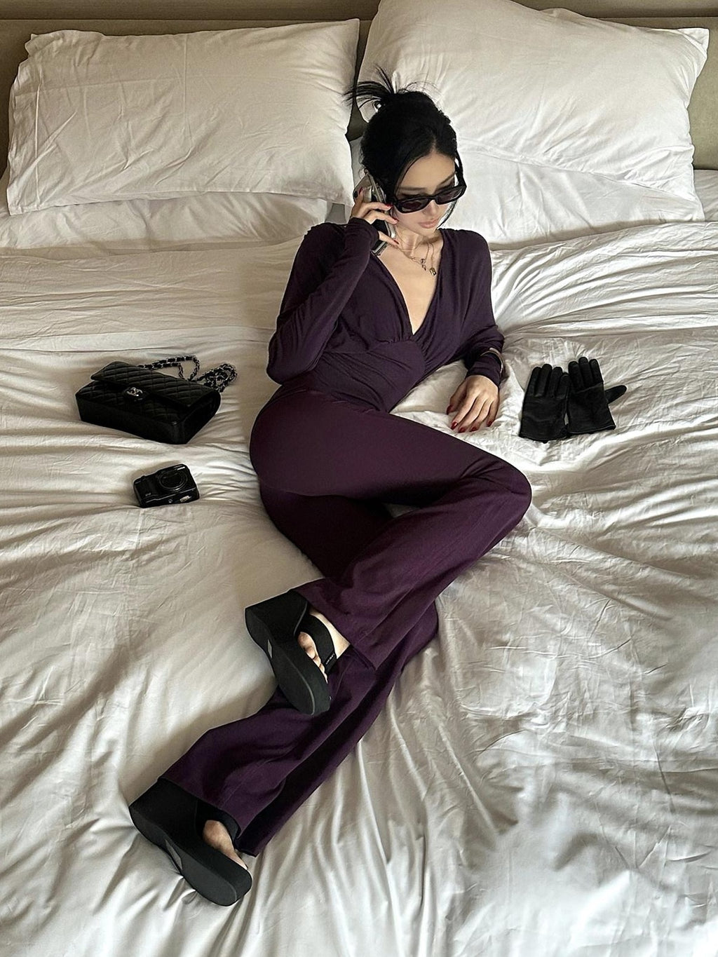 rovente Lyocell Wool Knit Slim V-neck Casual Women Purple Black Top & Pants Sets
