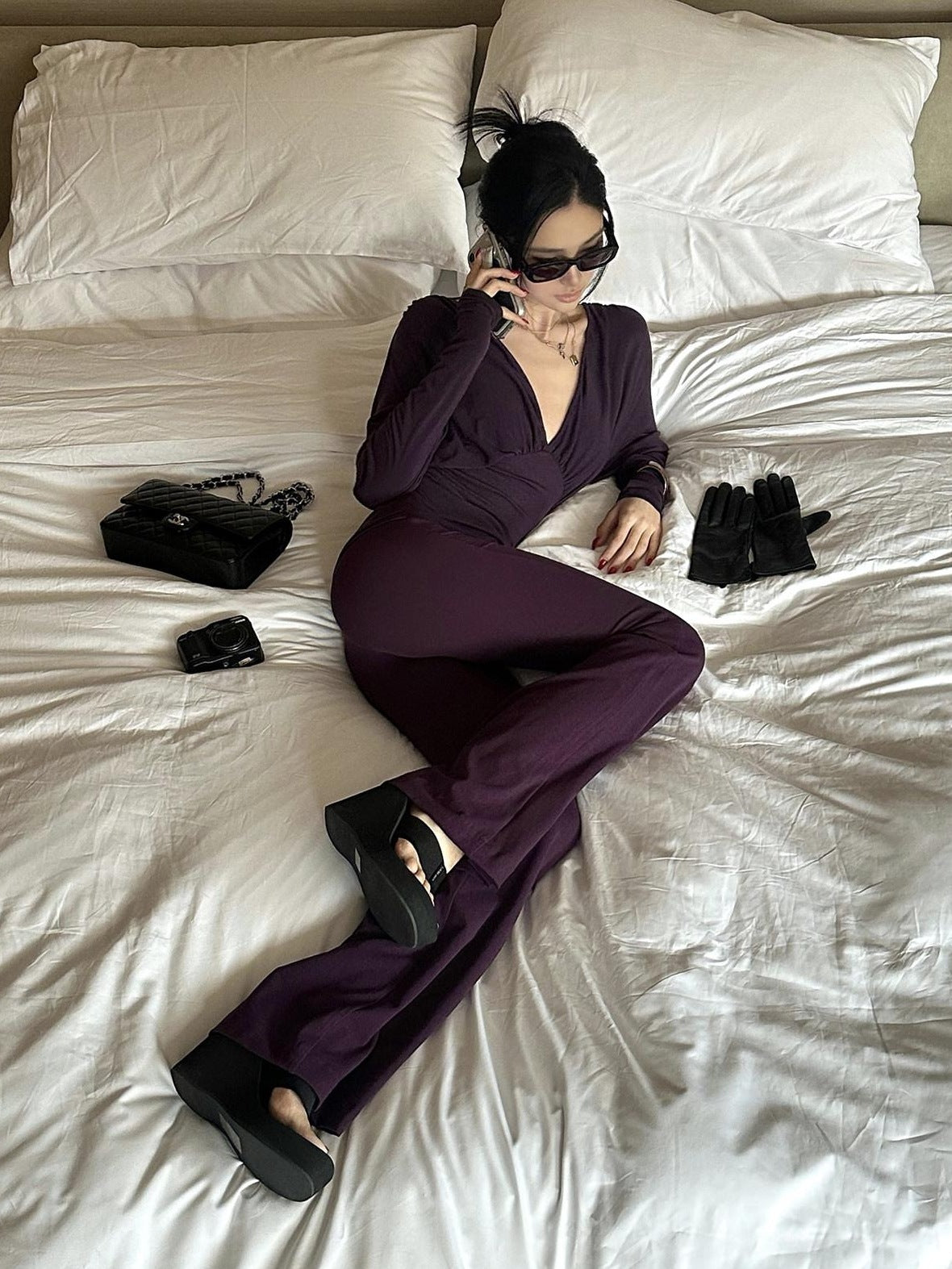 rovente Lyocell Wool Knit Slim V-neck Casual Women Purple Black Top & Pants Sets