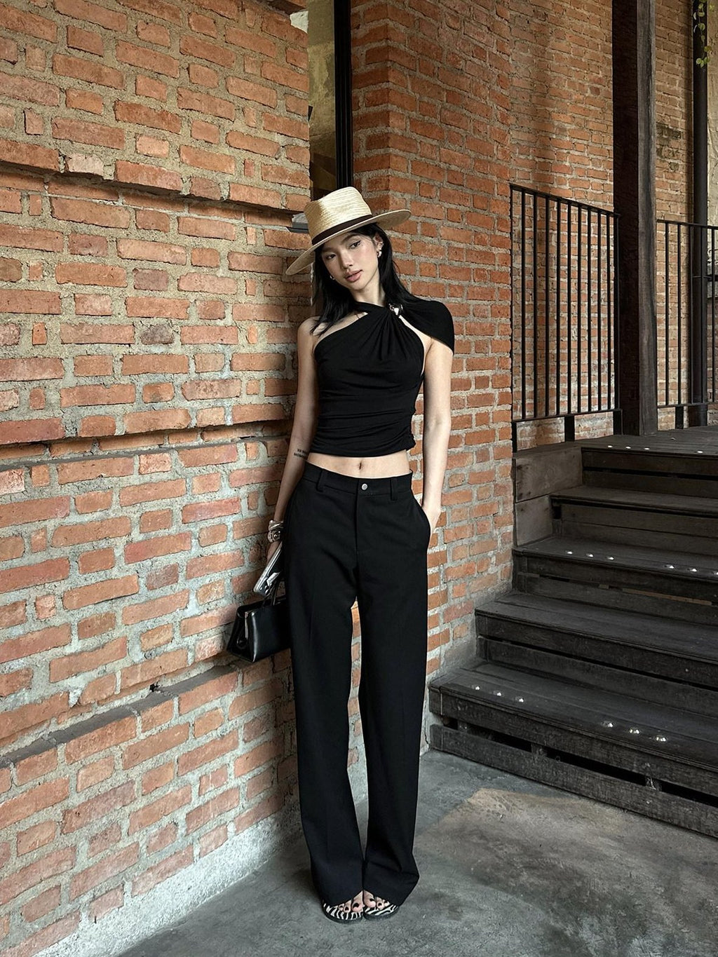 rovente Low Waist Zip Pockets Minimalist Casual Women Straight Black Staight Pants