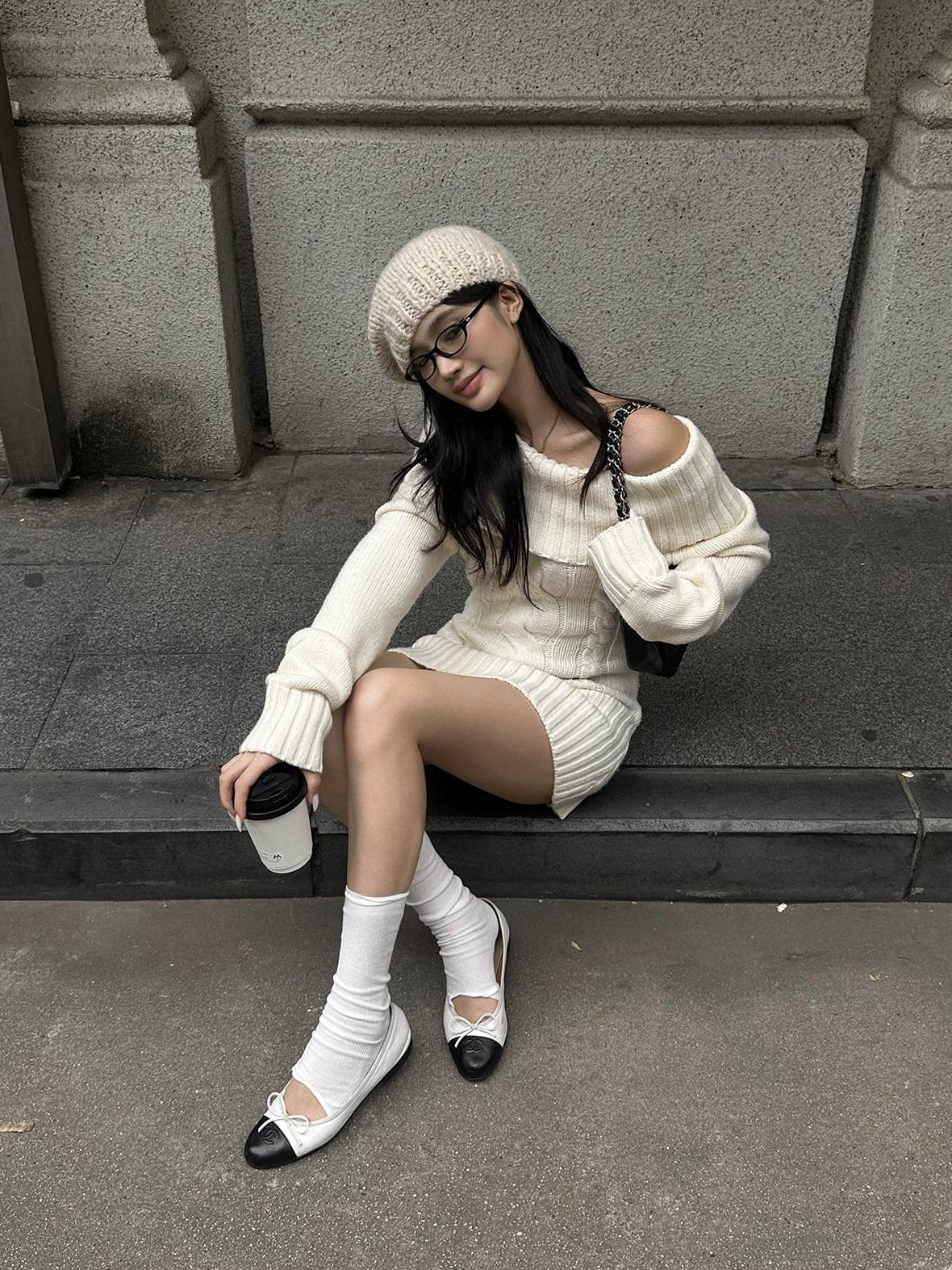 rovente Cozy Knit Off Shoulder Longsleeve Loose Fit Workwear Pullover Almond Mini Desses