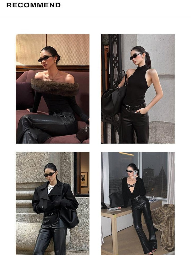 rovente Faux Pu Zipper Minimalist Natural Waist Womens Casual Black Staight Pants