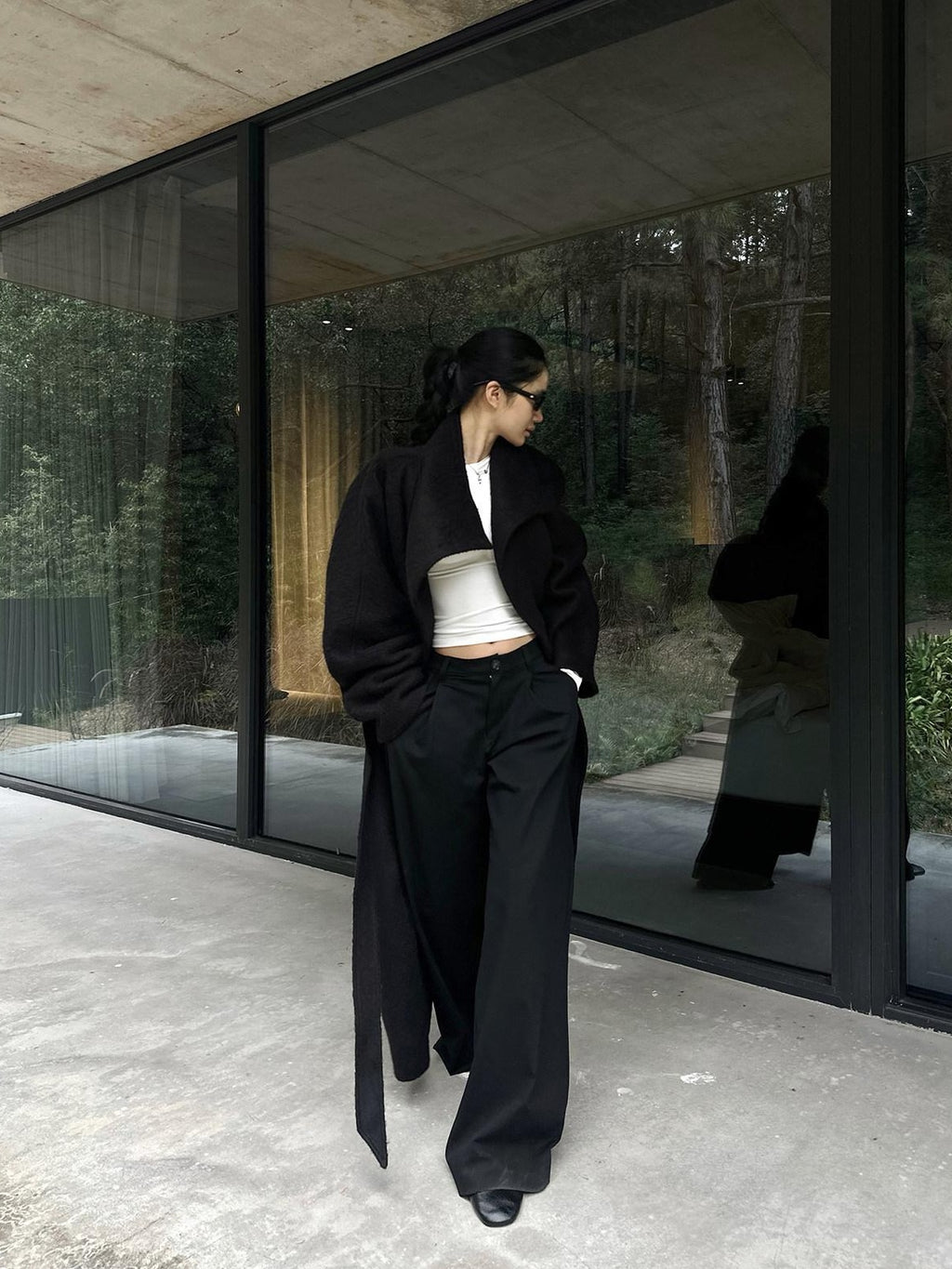 rovente Natural Waist Casual Minimalist Zip Fly Black Polyester Wide Leg Pants