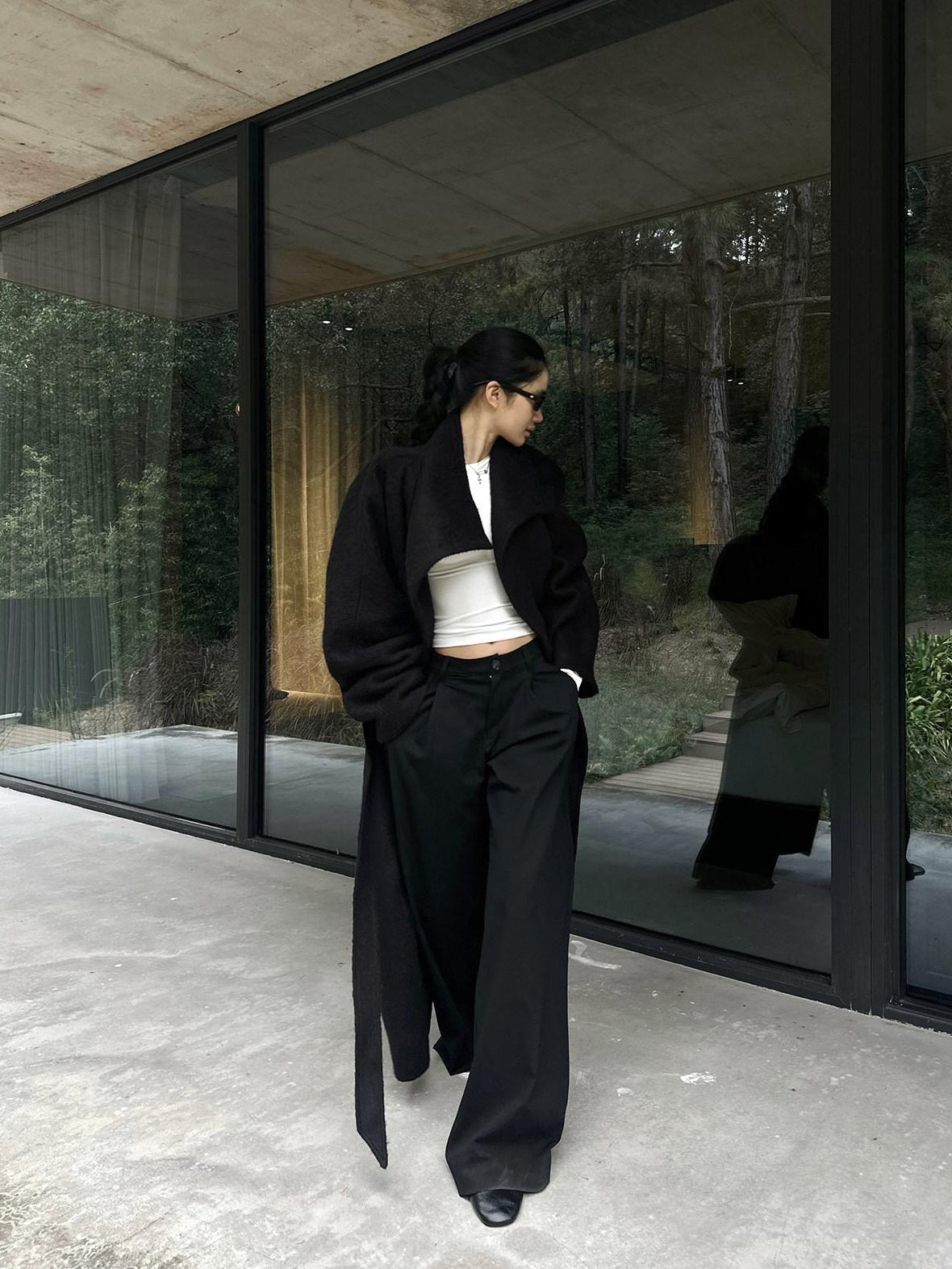 rovente Natural Waist Casual Minimalist Zip Fly Black Polyester Wide Leg Pants