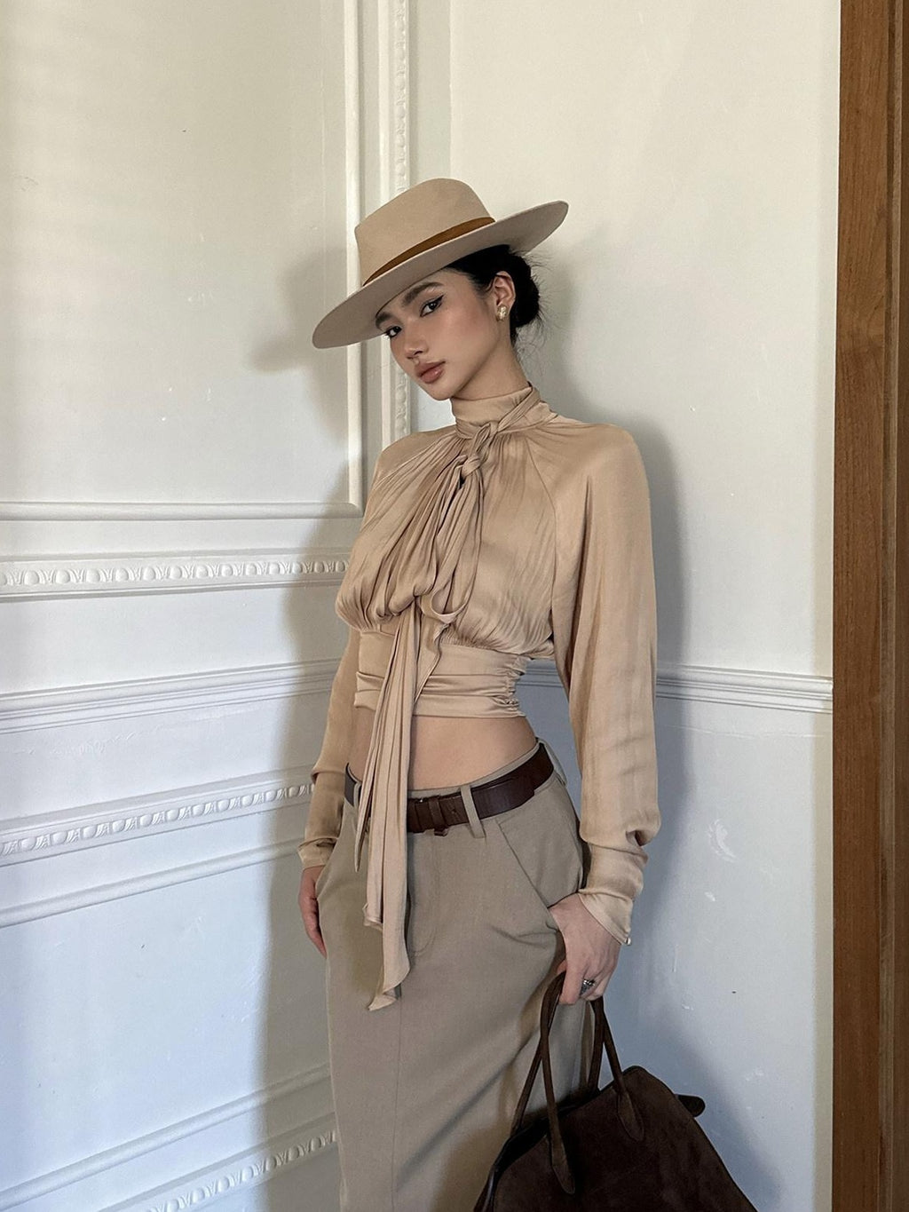 rovente Elegant Slim Waist Stand Collar Women Party Nude Polyester Long Sleeve Cop Tops