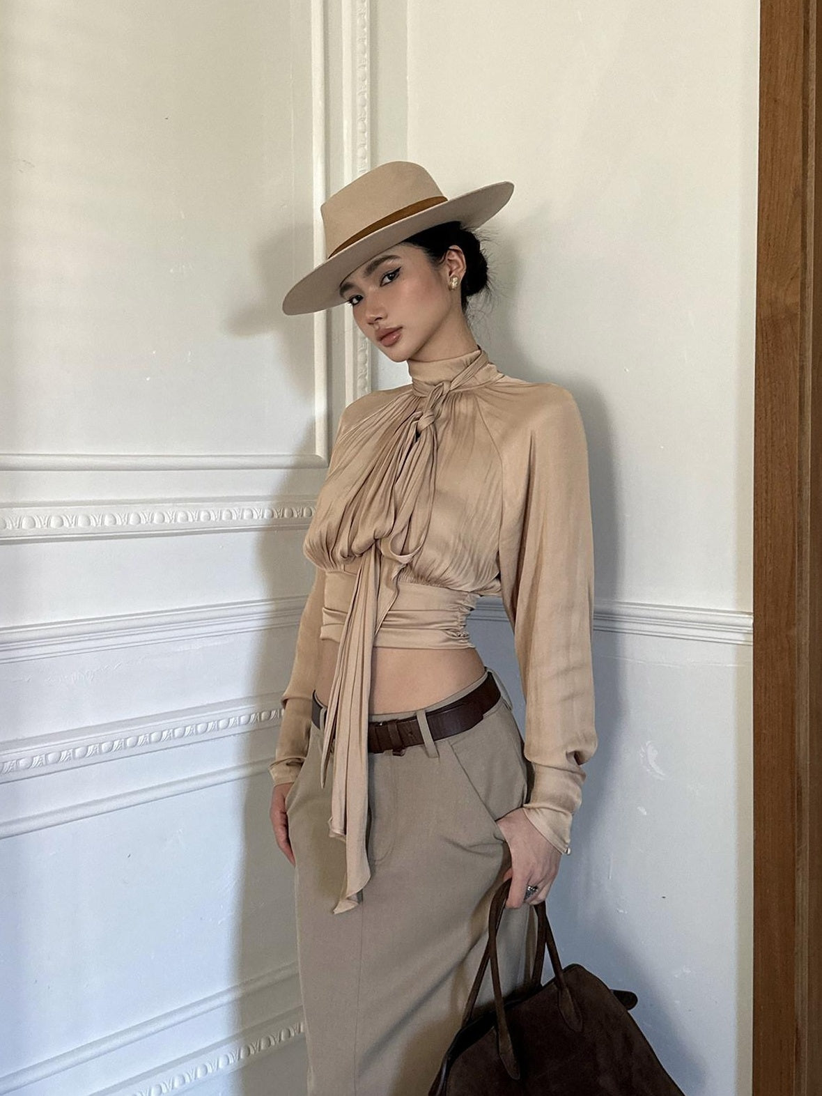 rovente Elegant Slim Waist Stand Collar Women Party Nude Polyester Long Sleeve Cop Tops