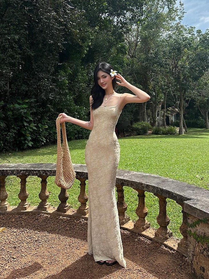rovente Resort High Waist Sleeveless Bodycon Camisole Party Women Nude Maxi Desses