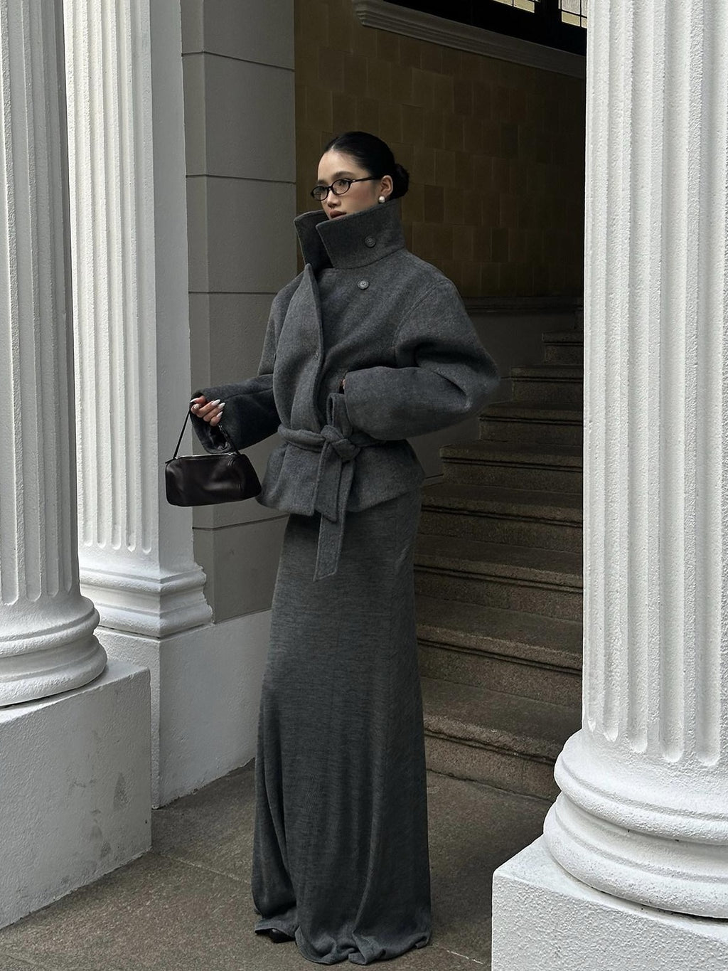 rovente Warm Thick Stand Collar Loose Korean Pocket Women Dark Gray Wool Coats