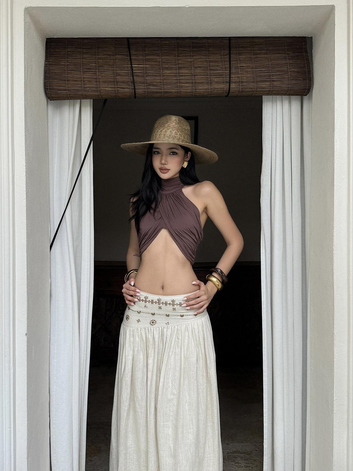 rovente Soft Modal Stretch Slim Halter Neck Cropped Solid Coffee Brown Camisoles