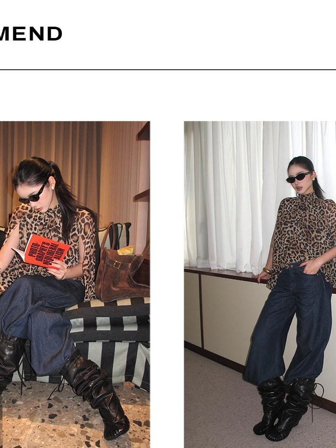 rovente 100 Percent Polyester Leopard High Neck Side Slit Button Shot Sleeve T-Shits