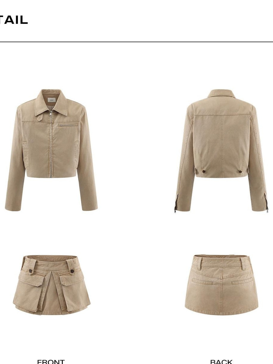 rovente Cotton Slim Fit Zipper Casual Cropped Khaki Longsleeve Women Copped Jackets