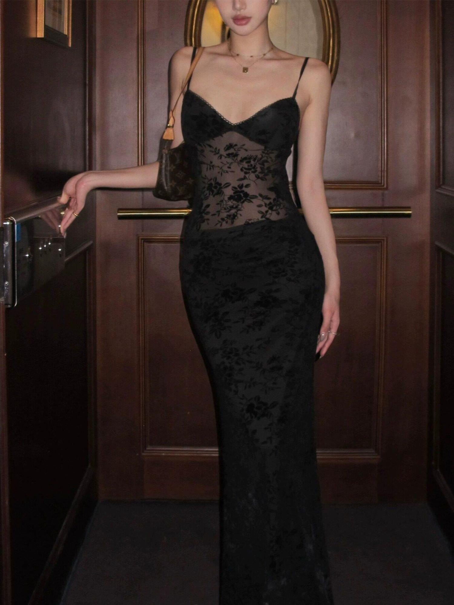 rovente Elegant High Waist V-neck Sleeveless Bodycon Travel Black Stretch Maxi Desses