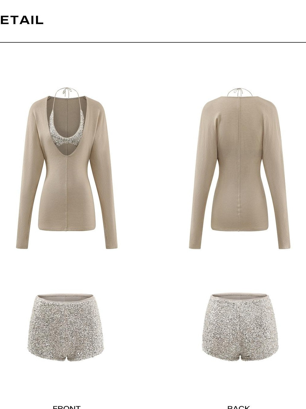 rovente Sequin V-neck Slim Knit Casual Wool Blend Beige Long Sleeve T-Shits