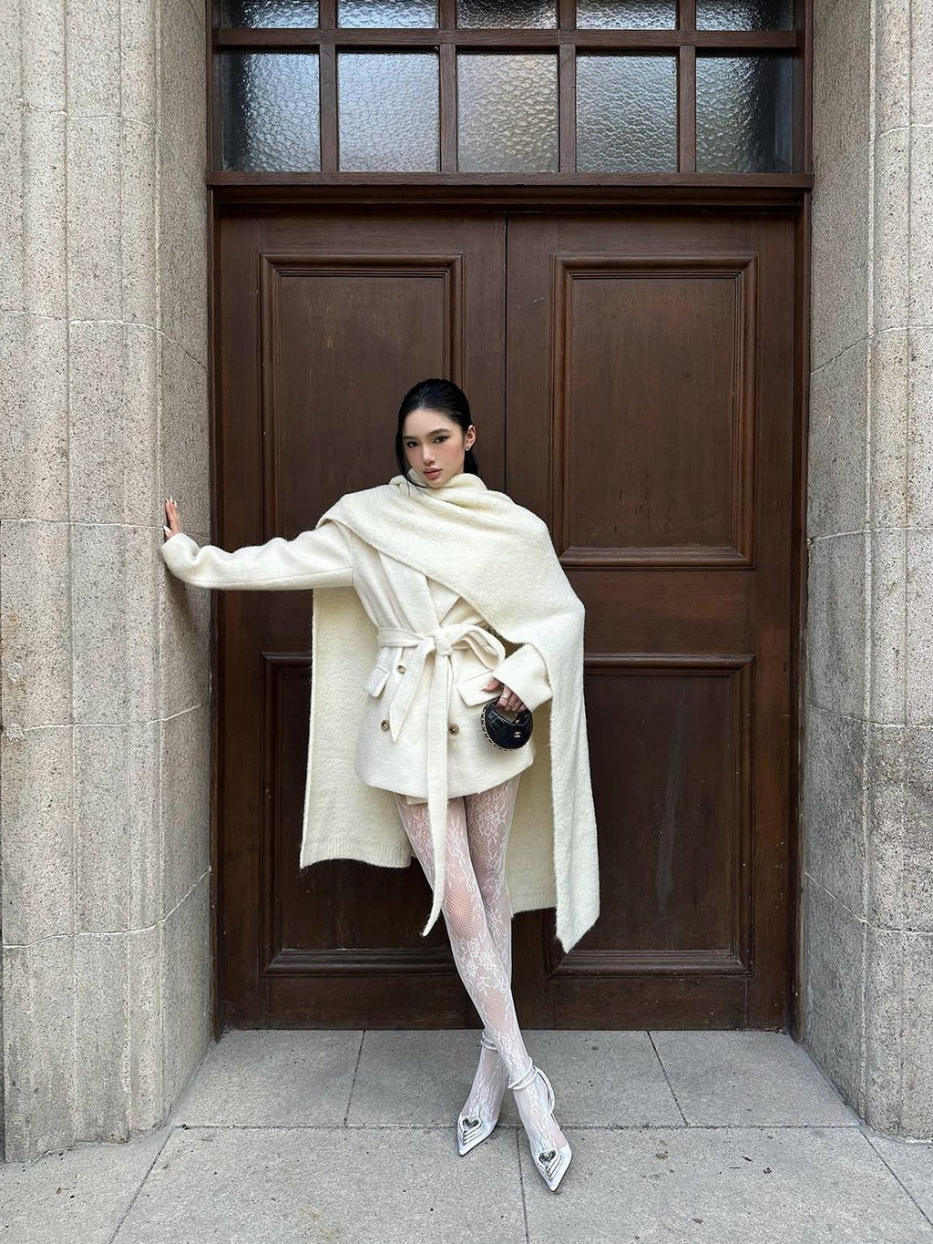 rovente Warm Wool Blend Double Breasted Oversized Commuter Women Ivory Shawl Wool Coats