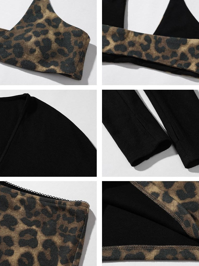 rovente V-neck Slim Knit Black With Leopard Tie Womens Casual Long Sleeve T-Shits