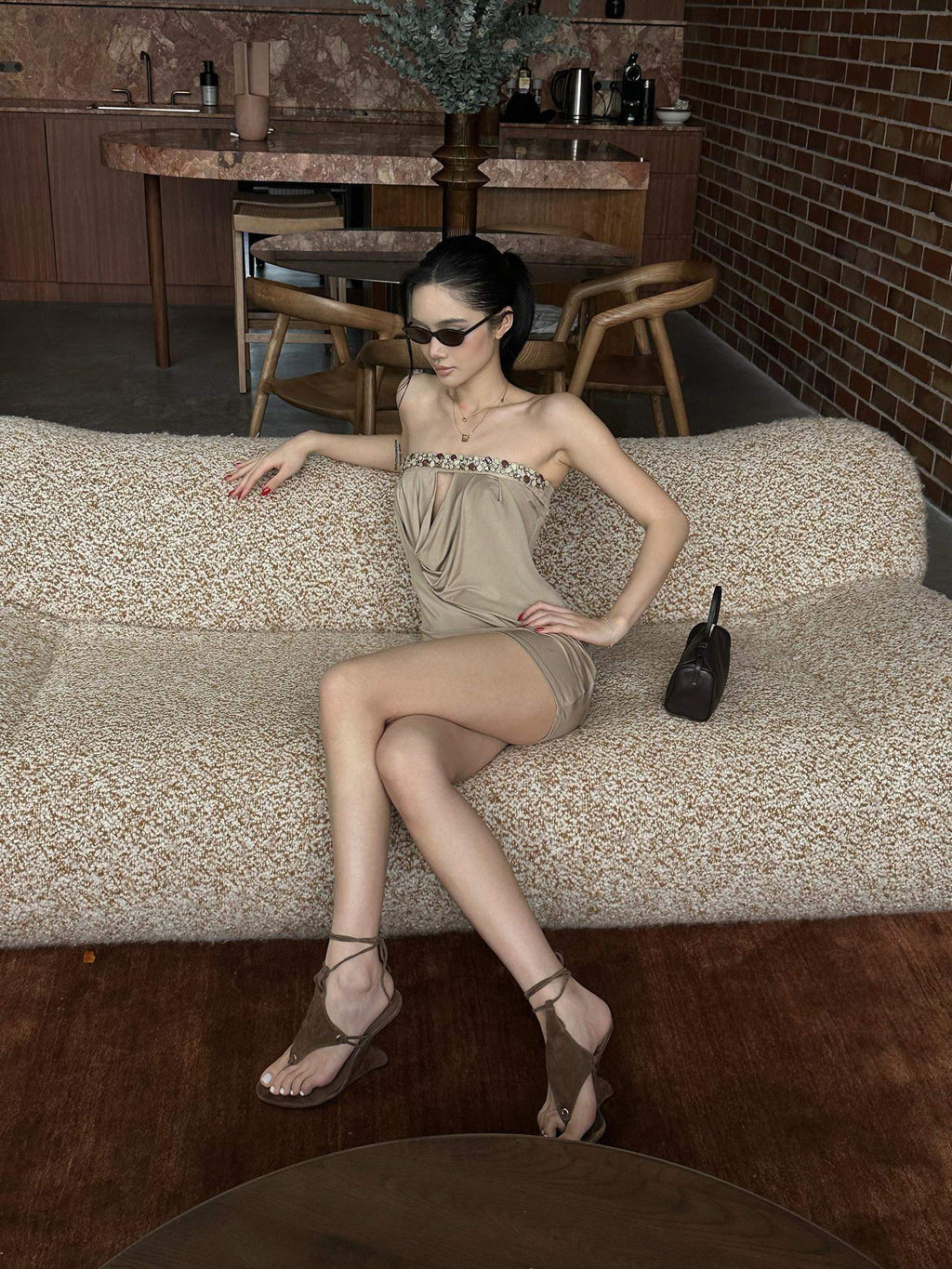 rovente Elegant Embellished Strapless Bodycon Knit Party Travel Khaki Mini Desses