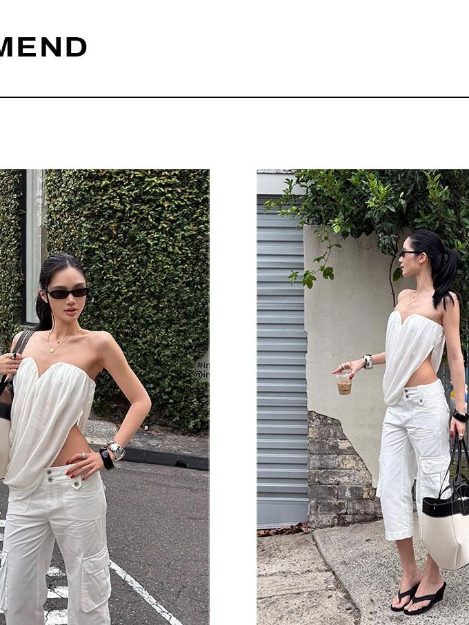 rovente Pure Cotton Minimalist Cargo Pockets Low Waist Women White Mid-Length Shots