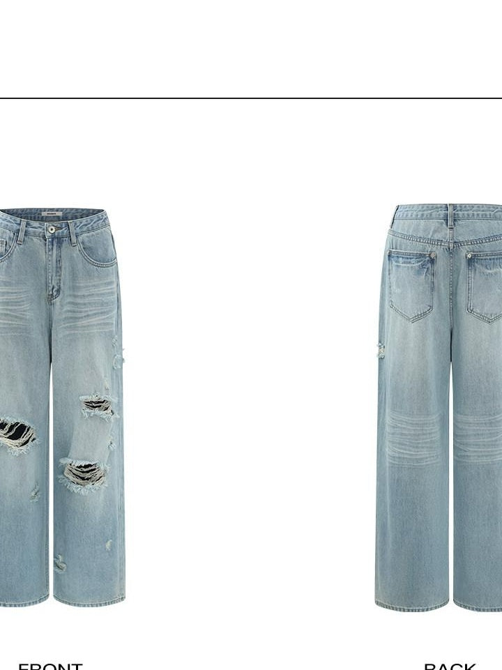 rovente Low Rise Distressed Loose Fit Casual Cotton Blue Women Wide Leg Jeans