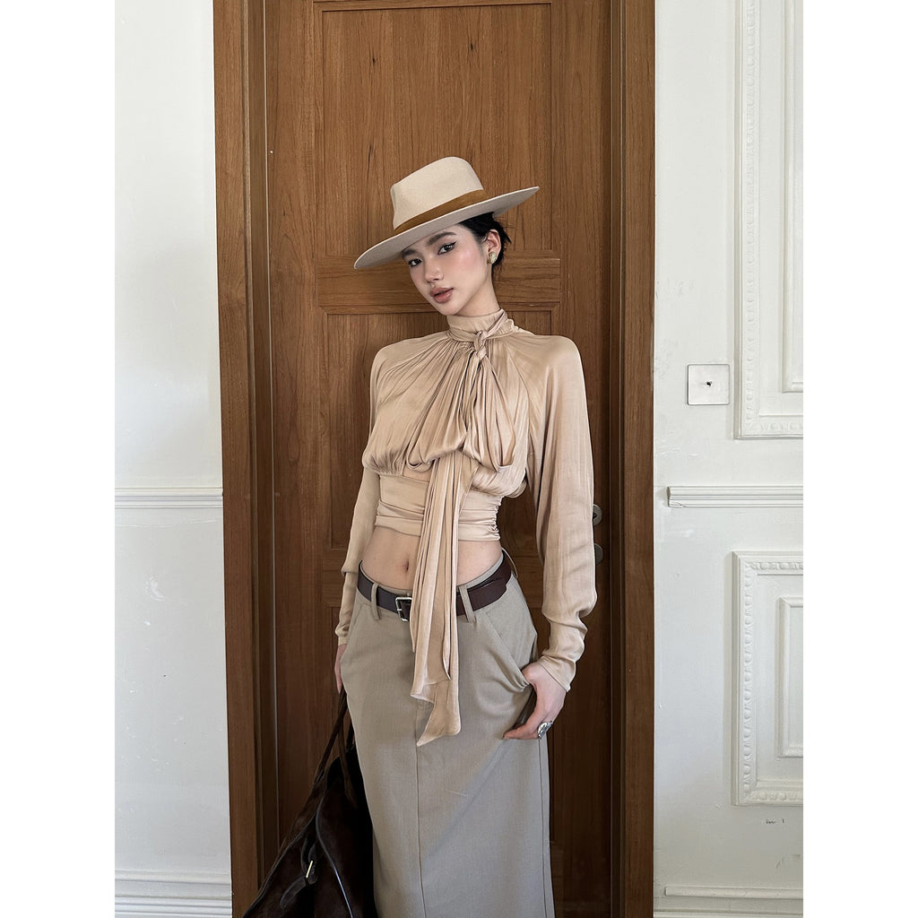 rovente_Elegant_Slim_Waist_Stand_Collar_Women_Party_Nude_Polyester_Long_Sleeve_Cop_Tops_MISSTT