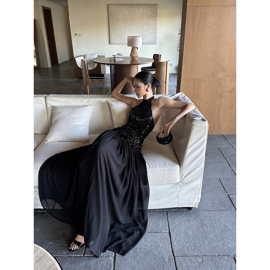 rovente_Elegant_Sequin_Halter_Natural_Waist_Party_Black_Stretch_Maxi_Desses_MISSTT